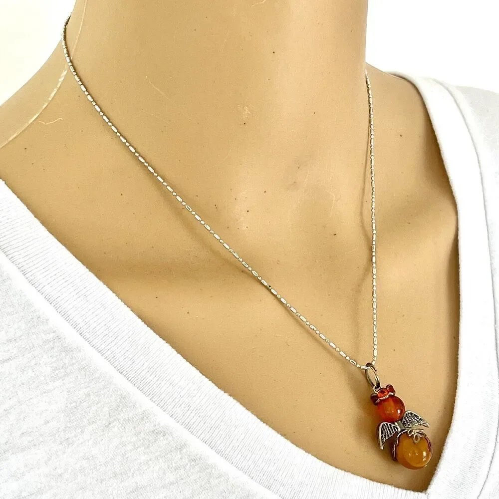 Angel Bead Charm Necklace 17in Silver Tone Ball & Bar Chain Amber Color